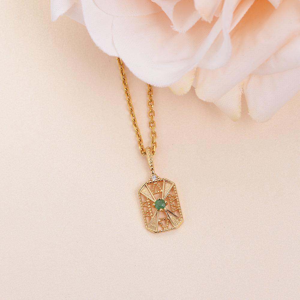 Vintage Inspired Natural Emerald Yellow Gold Necklace - Felicegals 丨Wedding ring 丨Fashion ring 丨Diamond ring 丨Gemstone ring--Felicegals