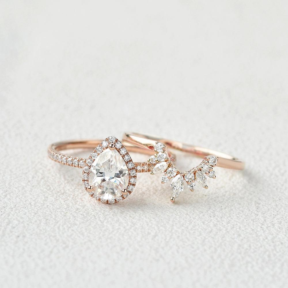 Moissanite Pear Cut Halo White Gold Ring Set 2pcs - Felicegals 丨Wedding ring 丨Fashion ring 丨Diamond ring 丨Gemstone ring--Felicegals