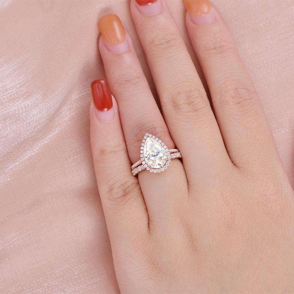 Felicegals 3.5ct Pear Shaped Moissanite Ring Set 2pcs - Felicegals 丨Wedding ring 丨Fashion ring 丨Diamond ring 丨Gemstone ring--Felicegals