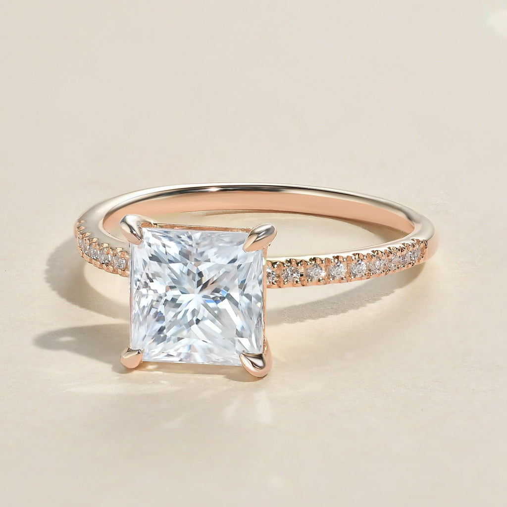 1.0ct Princess Cut Moissanite Pave Solitaire Ring - Felicegals 丨Wedding ring 丨Fashion ring 丨Diamond ring 丨Gemstone ring