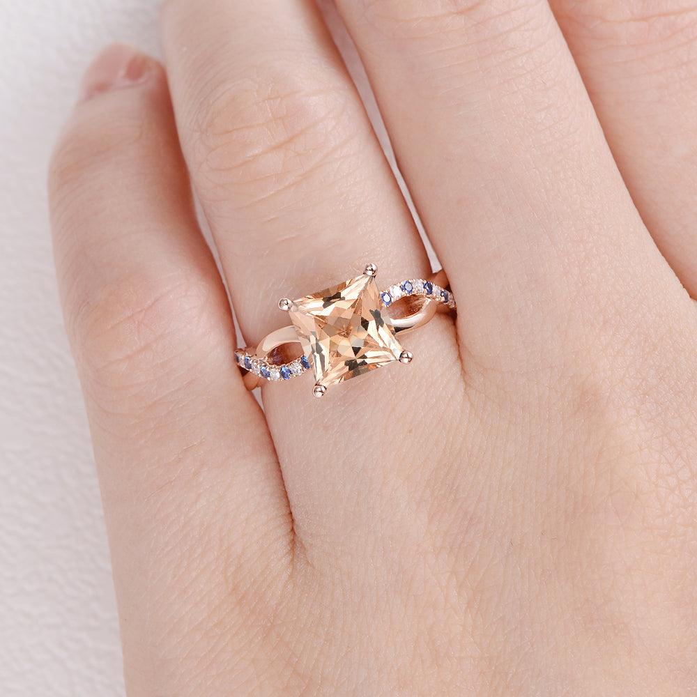 Princess Cut Morganite & Sapphire Infinity Rose Gold Ring - Felicegals 丨Wedding ring 丨Fashion ring 丨Diamond ring 丨Gemstone ring--Felicegals