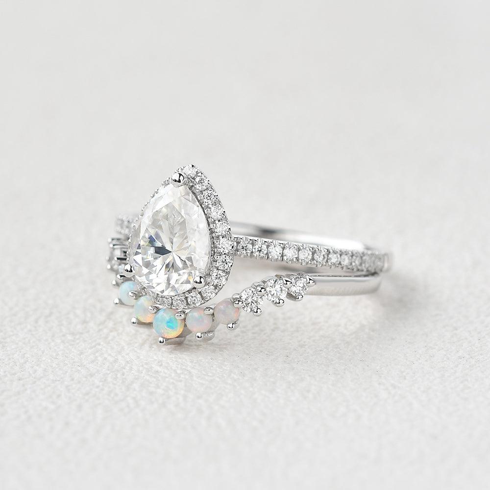 Pear Shaped Moissanite & Opal White Gold Ring Set 2pcs - Felicegals 丨Wedding ring 丨Fashion ring 丨Diamond ring 丨Gemstone ring--Felicegals
