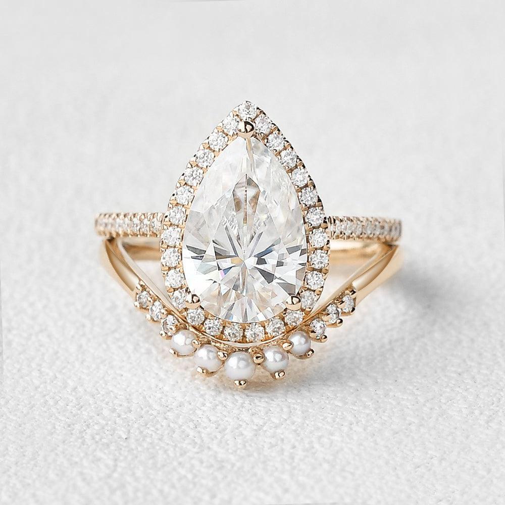 3.5ct Pear & Pearl Moissanite Classic Halo Ring Set 2pcs - Felicegals 丨Wedding ring 丨Fashion ring 丨Diamond ring 丨Gemstone ring
