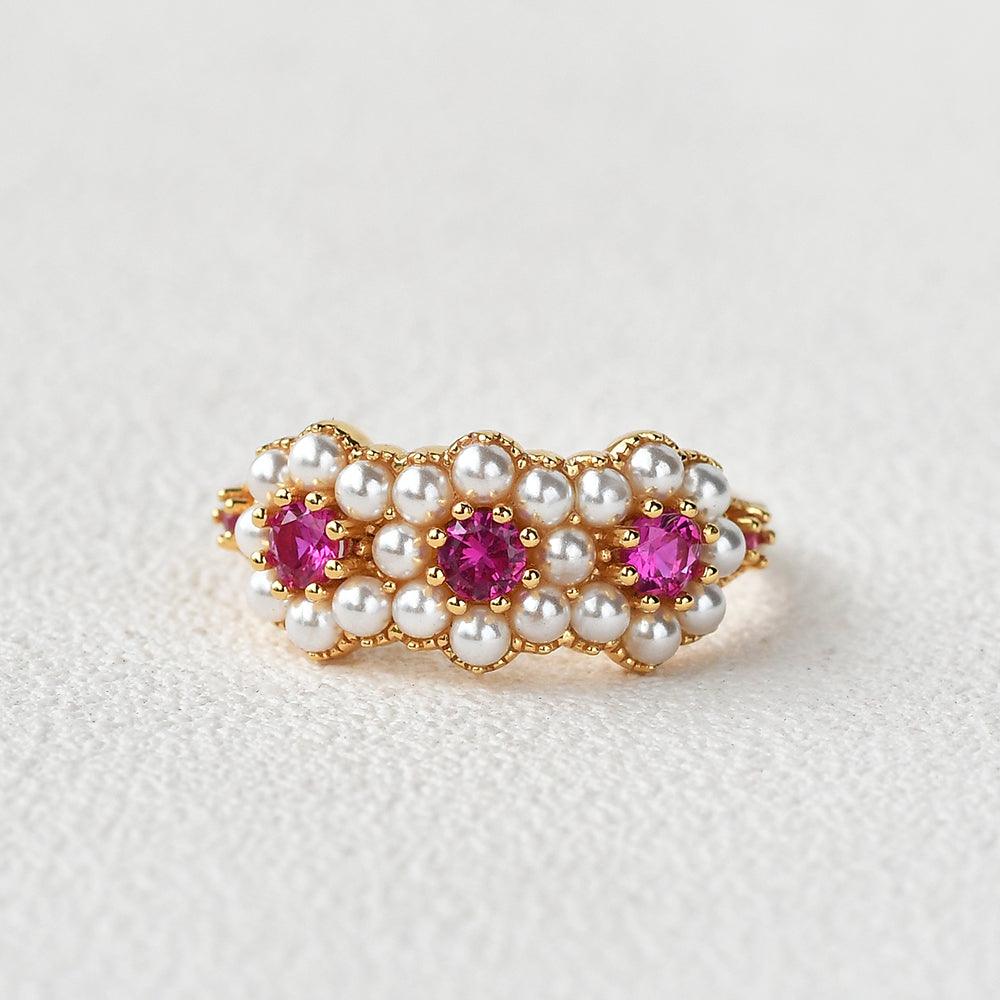 Lab Ruby & Pearl Vintage Yellow Ring - Felicegals 丨Wedding ring 丨Fashion ring 丨Diamond ring 丨Gemstone ring--Felicegals