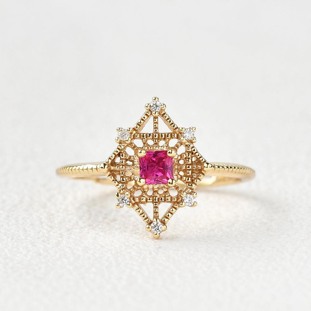 Art-Deco Lab Ruby & Moissanite Yellow Gold Ring - Felicegals 丨Wedding ring 丨Fashion ring 丨Diamond ring 丨Gemstone ring--Felicegals