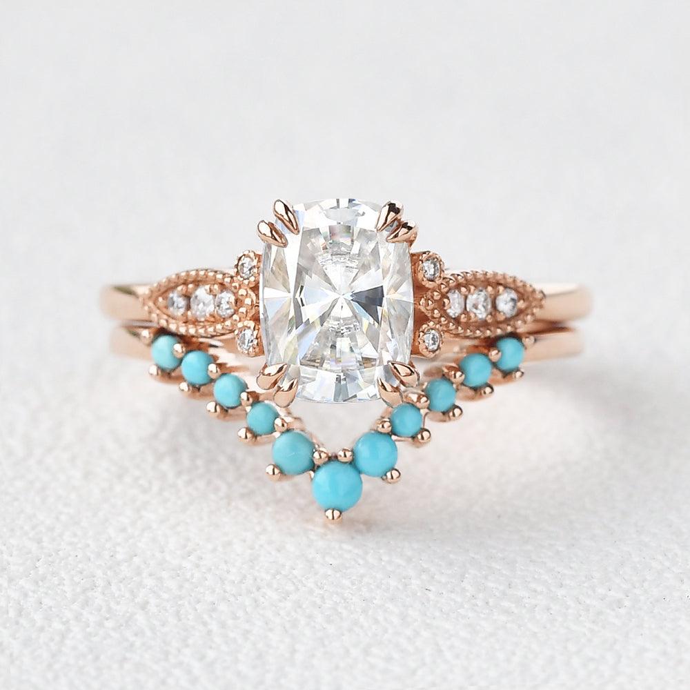 Moissanite & Turquoise Vintage Inspired Ring Set 2pcs - Felicegals