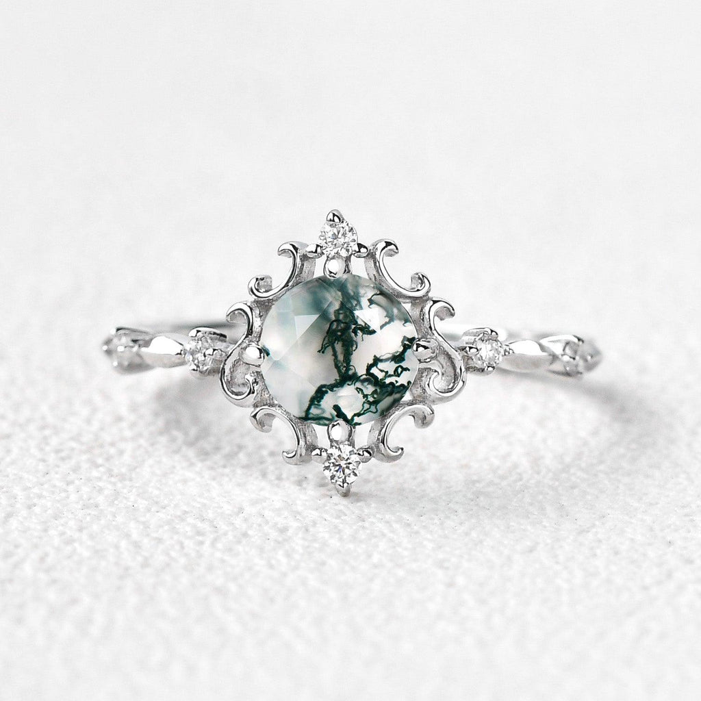 Vintage Round Cut Moss Agate Engagement Ring - Felicegals 丨Wedding ring 丨Fashion ring 丨Diamond ring 丨Gemstone ring