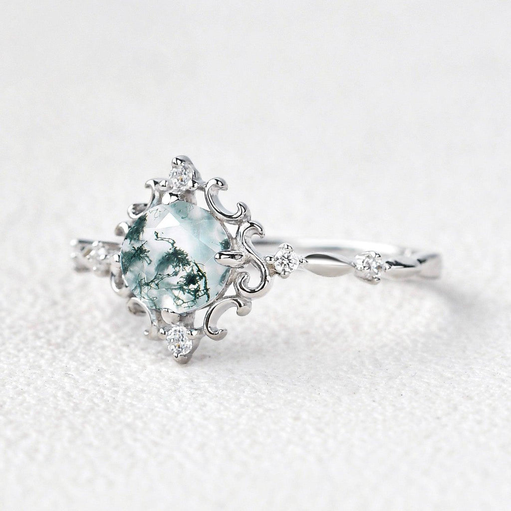 Vintage Round Cut Moss Agate Engagement Ring - Felicegals 丨Wedding ring 丨Fashion ring 丨Diamond ring 丨Gemstone ring