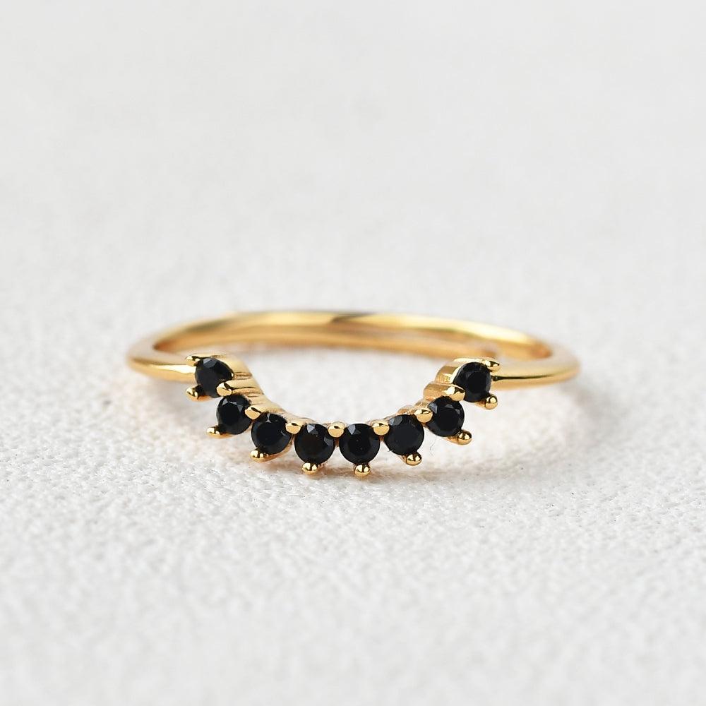 Round Cut Black Spinel Curved Band Ring - Felicegals 丨Wedding ring 丨Fashion ring 丨Diamond ring 丨Gemstone ring--Felicegals