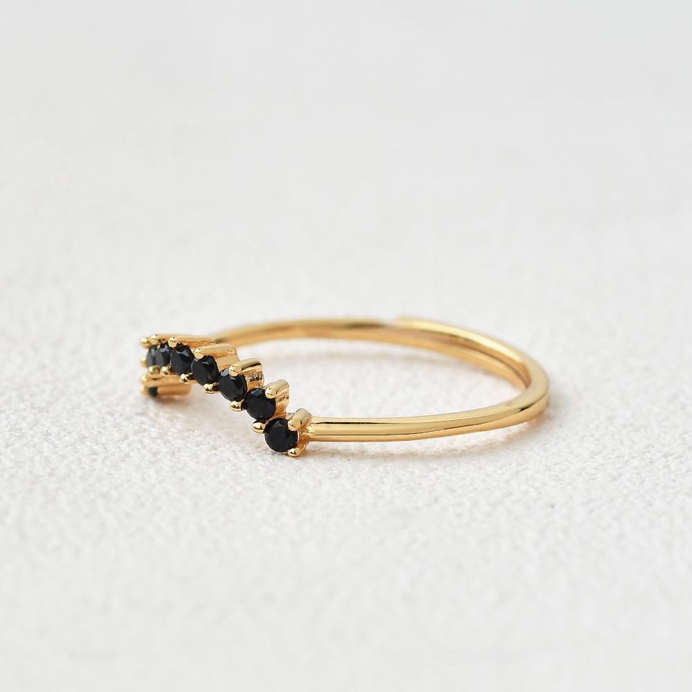 Round Cut Black Spinel Curved Band Ring - Felicegals 丨Wedding ring 丨Fashion ring 丨Diamond ring 丨Gemstone ring--Felicegals