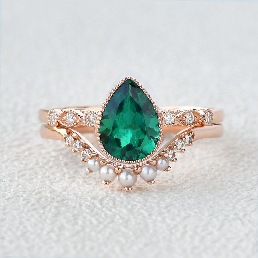 Lab Emerald & Nature Pearl Ring Set 2pcs - Felicegals