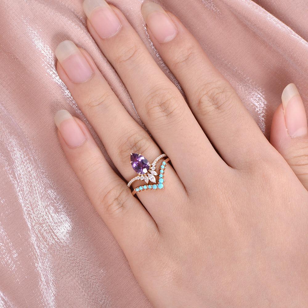Alexandrite & Moissanite & Turquoise Yellow Gold Ring Set 2pcs - Felicegals 丨Wedding ring 丨Fashion ring 丨Diamond ring 丨Gemstone ring--Felicegals