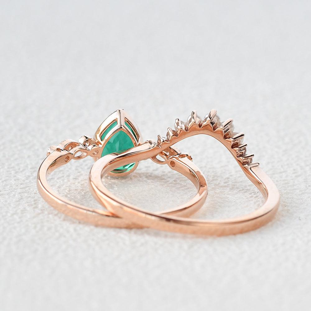 Lab Emerald & Nature Pearl Ring Set 2pcs - Felicegals