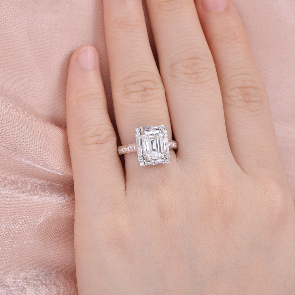 Emerald Cut Moissanite Vintage Inspired White Gold Ring - Felicegals 丨Wedding ring 丨Fashion ring 丨Diamond ring 丨Gemstone ring--Felicegals