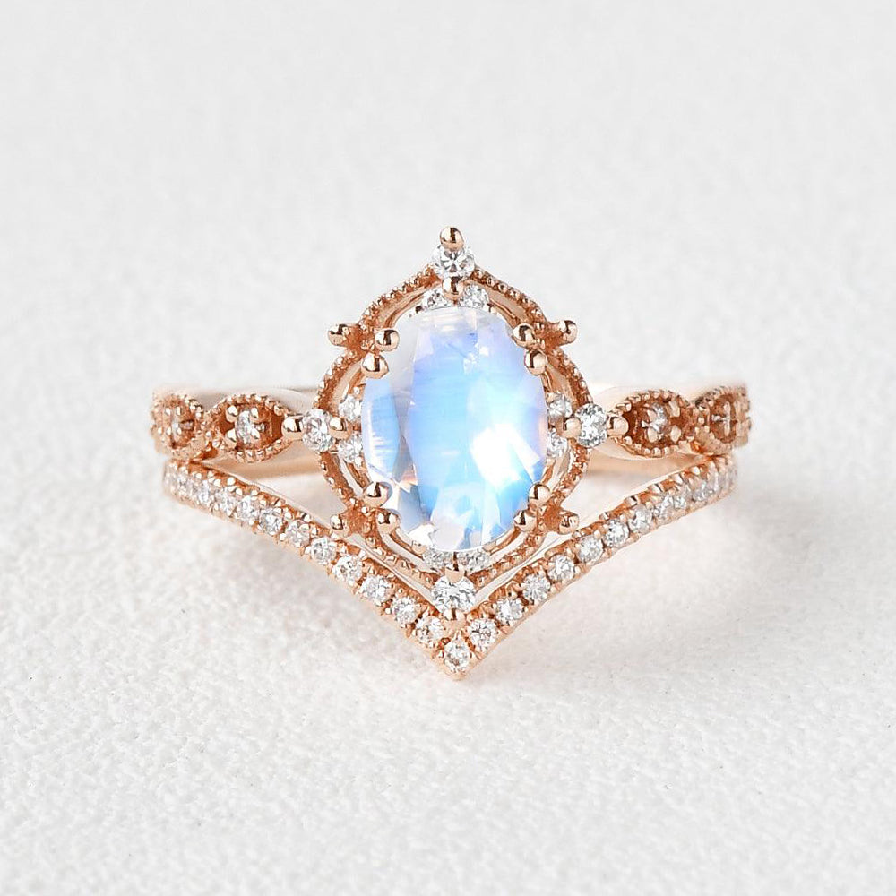 1.5ct Signature Vintage Moonstone Ring Set 2pcs - Felicegals 丨Wedding ring 丨Fashion ring 丨Diamond ring 丨Gemstone ring
