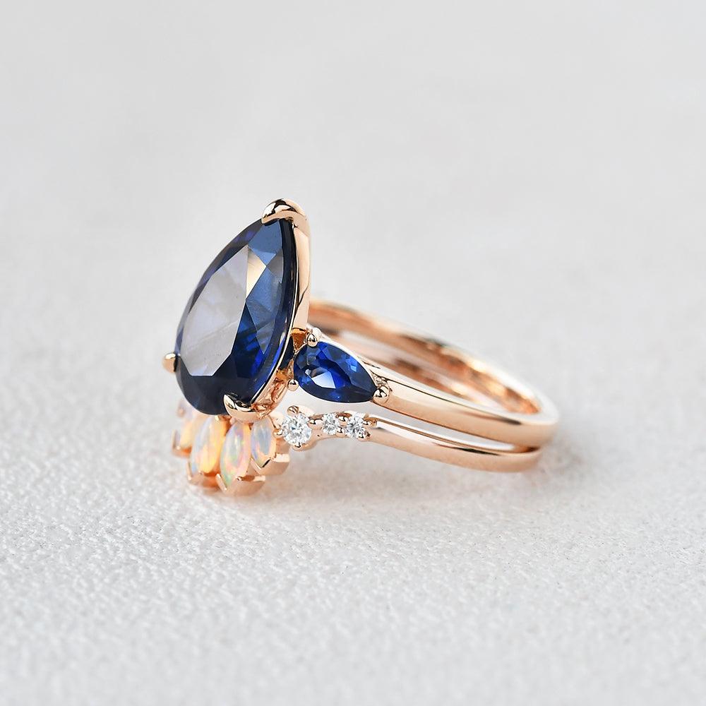 Felicegals Pear Shaped Sapphire & Opal Three-stone Ring Set 2pcs - Felicegals 丨Wedding ring 丨Fashion ring 丨Diamond ring 丨Gemstone ring-Jewelry-Felicegals 丨Wedding ring 丨Fashion ring 丨Diamond ring 丨Gemstone ring