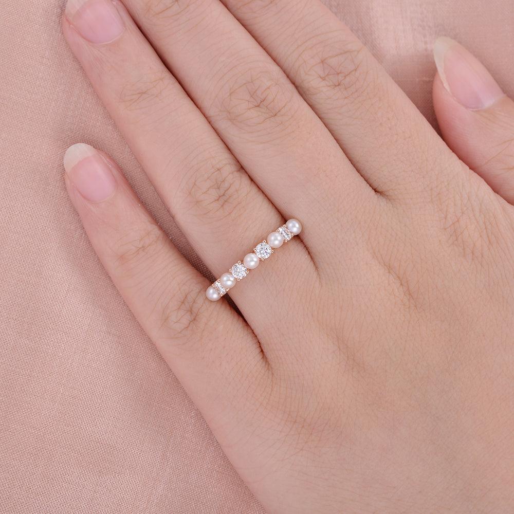 Minimalist Natural Pearl & Moissanite Ring - Felicegals 丨Wedding ring 丨Fashion ring 丨Diamond ring 丨Gemstone ring--Felicegals