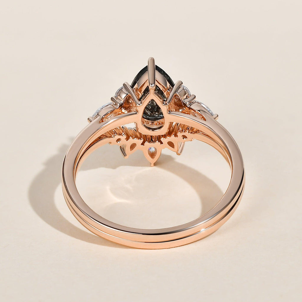 1.5ct Pear Shaped Black Rutilated Quartz Gold Ring Set 2pcs - Felicegals 丨Wedding ring 丨Fashion ring 丨Diamond ring 丨Gemstone ring