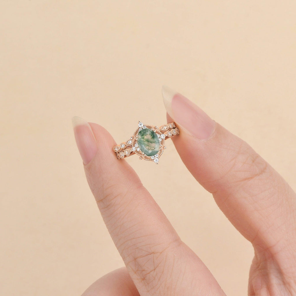 1.5ct Oval Cut Moss Agate Signature Vintage Ring Set 2pcs - Felicegals 丨Wedding ring 丨Fashion ring 丨Diamond ring 丨Gemstone ring