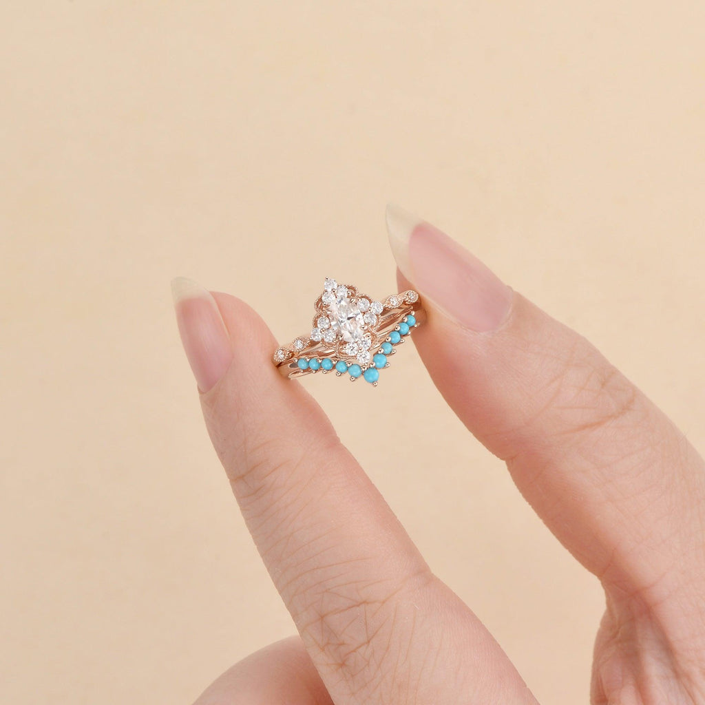1.0ct Bohemian Moissanite Vintage Halo Ring Set 2pcs - Felicegals 丨Wedding ring 丨Fashion ring 丨Diamond ring 丨Gemstone ring
