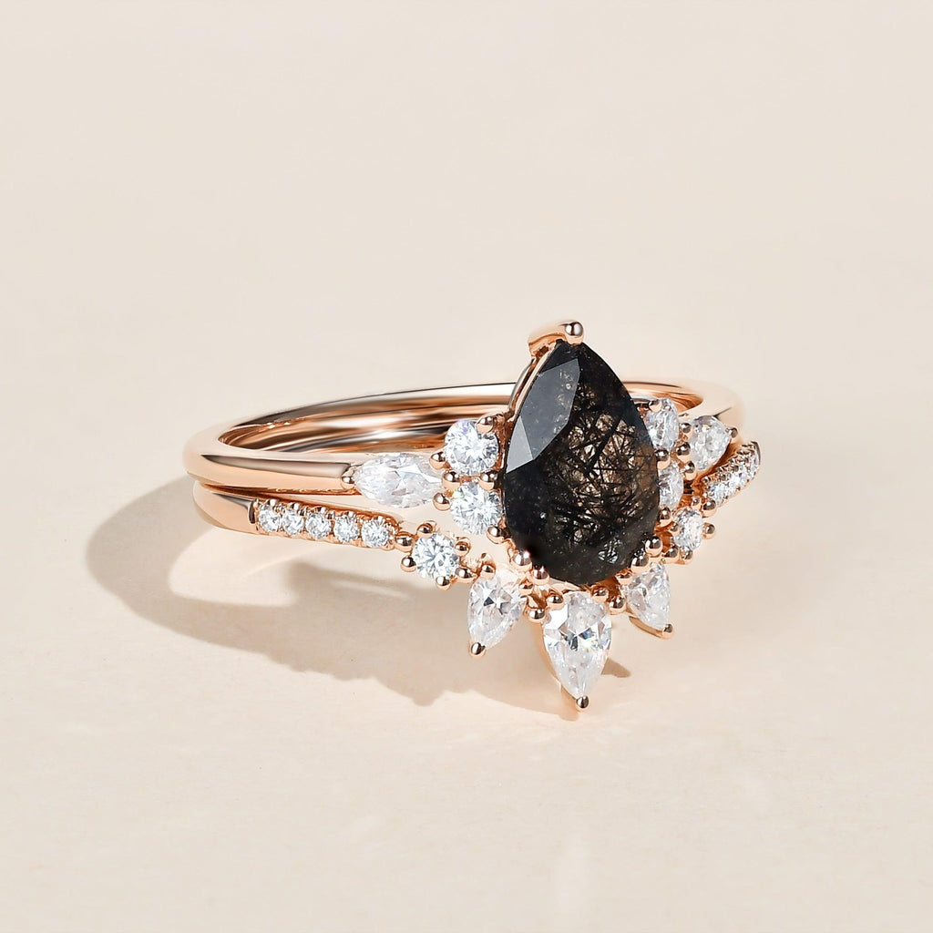 1.5ct Pear Shaped Black Rutilated Quartz Gold Ring Set 2pcs - Felicegals 丨Wedding ring 丨Fashion ring 丨Diamond ring 丨Gemstone ring