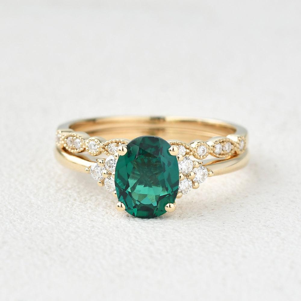 2ct Lab Emerald Oval Cut Yellow Gold Ring Set 2pcs - Felicegals 丨Wedding ring 丨Fashion ring 丨Diamond ring 丨Gemstone ring-Jewelry-Felicegals