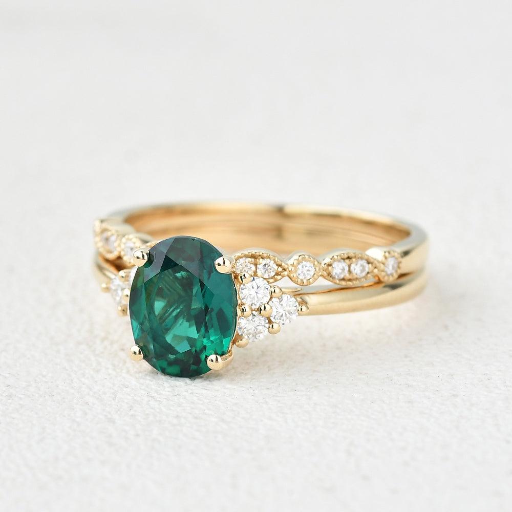2ct Lab Emerald Oval Cut Yellow Gold Ring Set 2pcs - Felicegals 丨Wedding ring 丨Fashion ring 丨Diamond ring 丨Gemstone ring-Jewelry-Felicegals
