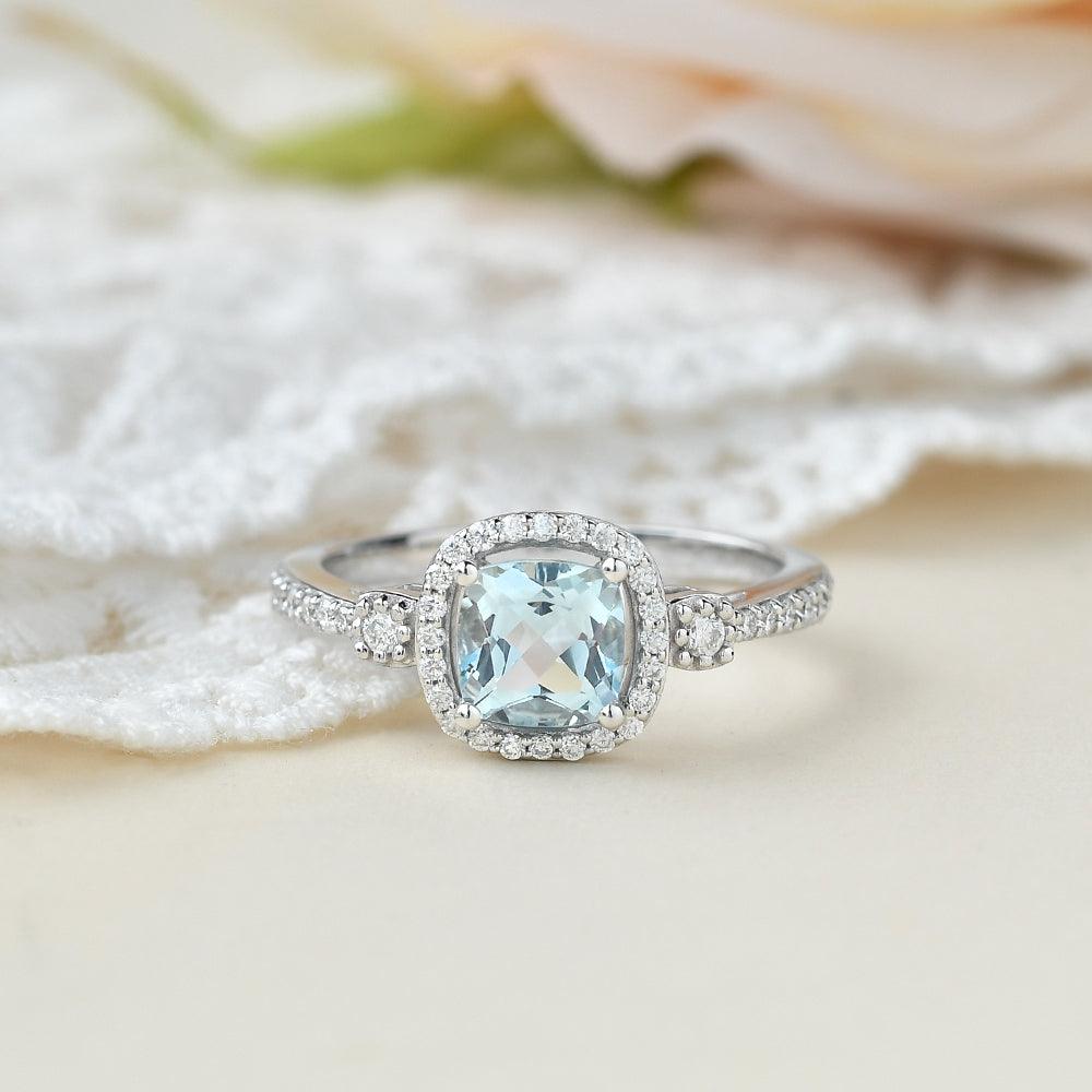 Cushion Cut Aquamarine White Gold Ring - Felicegals 丨Wedding ring 丨Fashion ring 丨Diamond ring 丨Gemstone ring-Jewelry-Felicegals