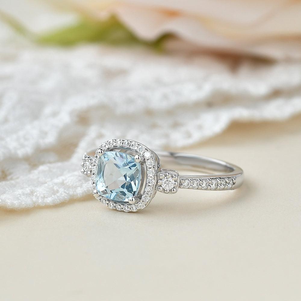 Cushion Cut Aquamarine White Gold Ring - Felicegals 丨Wedding ring 丨Fashion ring 丨Diamond ring 丨Gemstone ring-Jewelry-Felicegals