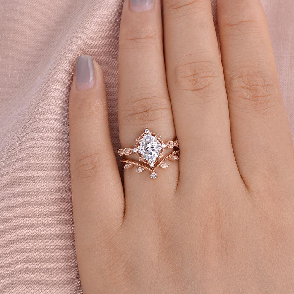 Oval Cut Moissanite Rose Gold Ring Set 2pcs - Felicegals 丨Wedding ring 丨Fashion ring 丨Diamond ring 丨Gemstone ring--Felicegals 丨Wedding ring 丨Fashion ring 丨Diamond ring 丨Gemstone ring