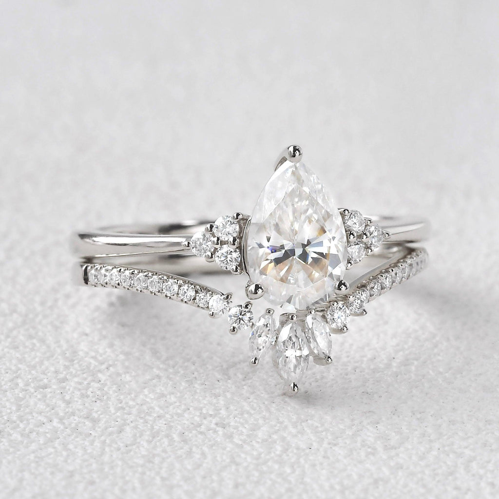 1.5ct Pear Moissanite Vintage Ring Set 2pcs - Felicegals 丨Wedding ring 丨Fashion ring 丨Diamond ring 丨Gemstone ring