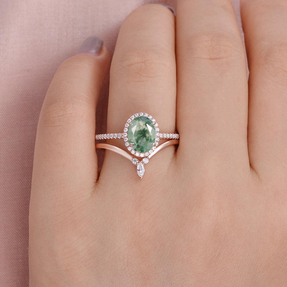 Oval Cut Moss Agate Halo Rose Gold Ring Set 2pcs - Felicegals 丨Wedding ring 丨Fashion ring 丨Diamond ring 丨Gemstone ring-Rings-Felicegals 丨Wedding ring 丨Fashion ring 丨Diamond ring 丨Gemstone ring