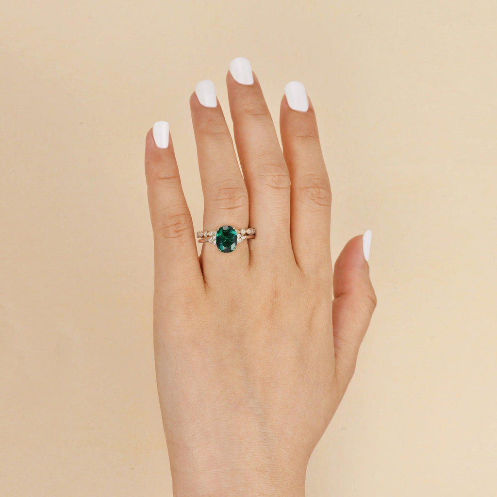 2ct Lab Emerald Oval Cut Yellow Gold Ring Set 2pcs - Felicegals 丨Wedding ring 丨Fashion ring 丨Diamond ring 丨Gemstone ring