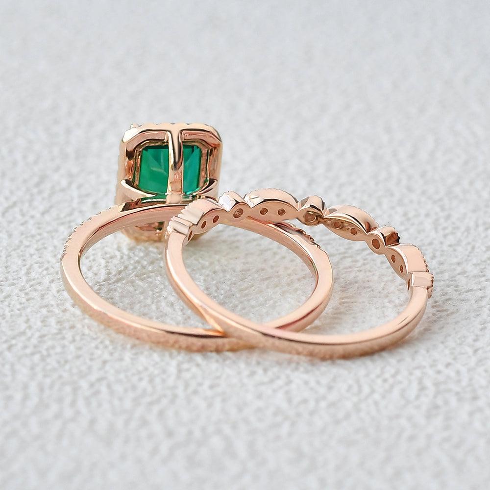 Emerald & Moissanite Rose Gold Ring Set 2pcs - Felicegals