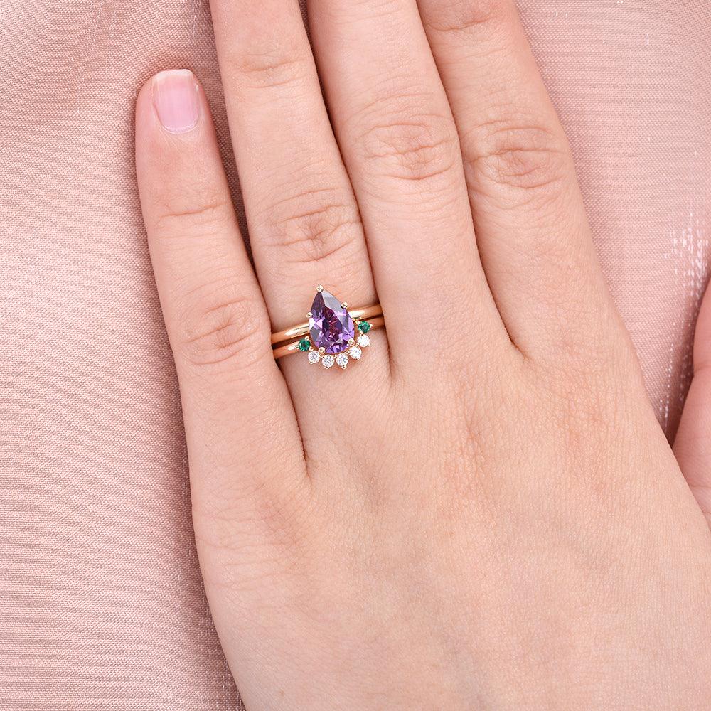 Alexandirte & Emerald & Moissanite Pear Shaped Ring Set 2pcs - Felicegals 丨Wedding ring 丨Fashion ring 丨Diamond ring 丨Gemstone ring--Felicegals