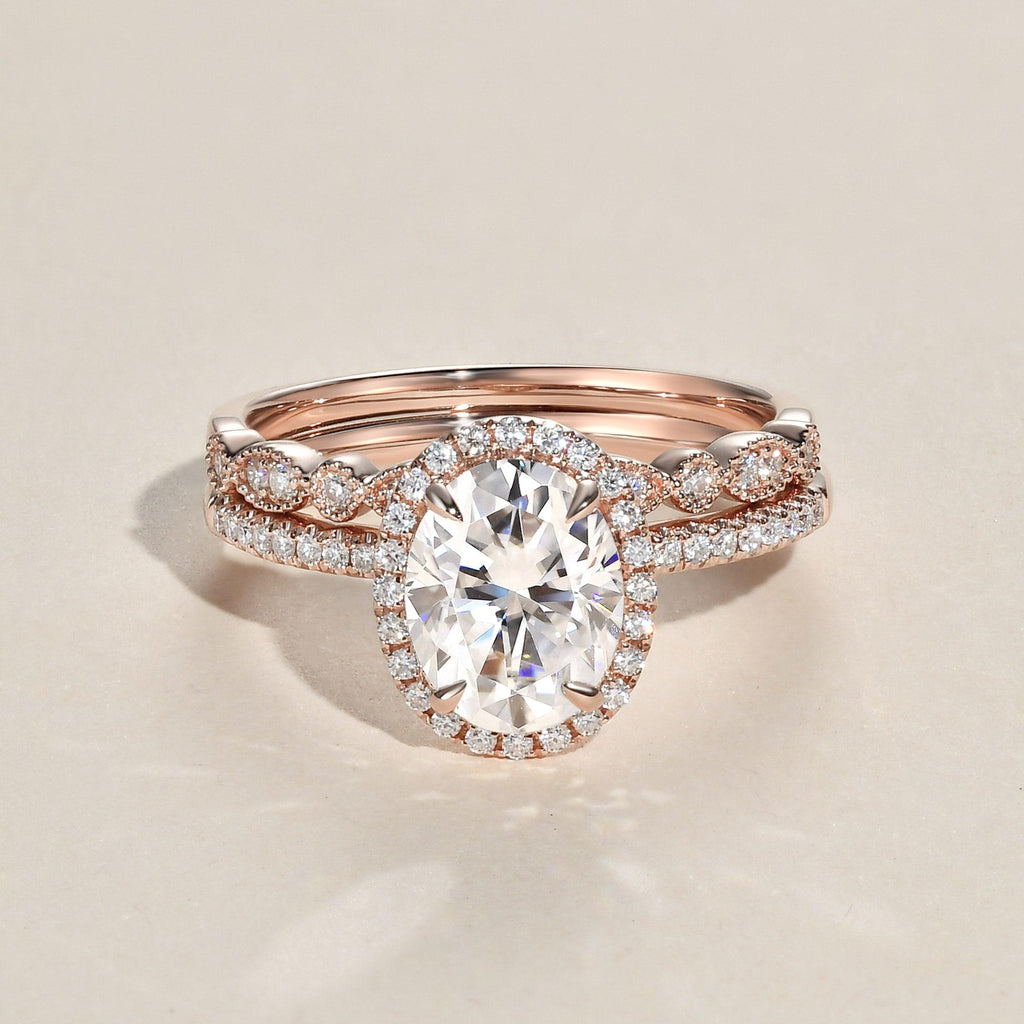 2.0ct Oval Moissanite Pave Vintage Halo Ring Set 2pcs - Felicegals 丨Wedding ring 丨Fashion ring 丨Diamond ring 丨Gemstone ring