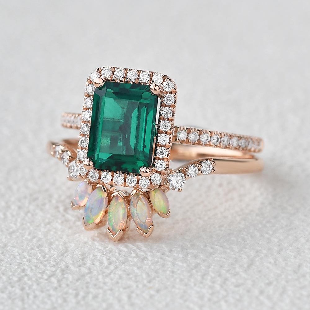 Emerald & Opal Rose Gold Ring Set 2pcs - Felicegals