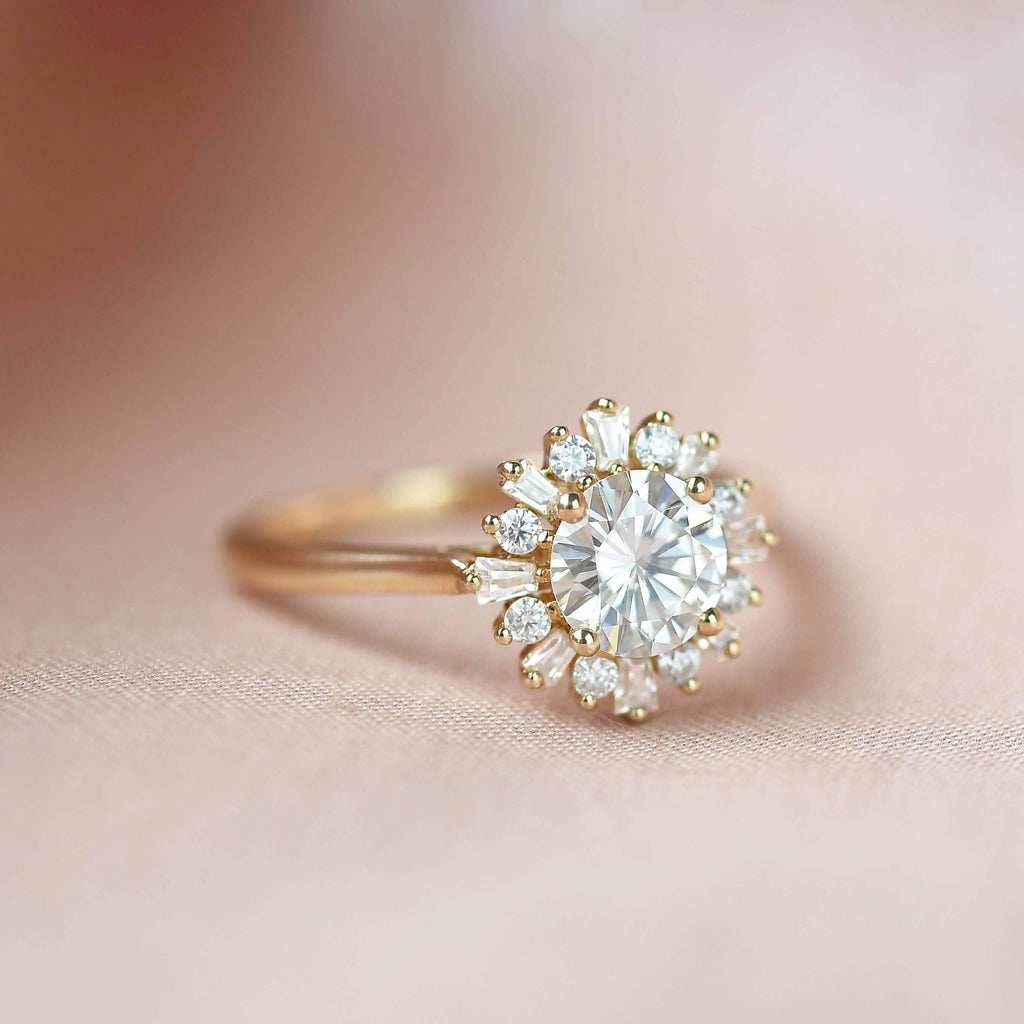 Moissanite Halo Yellow Gold Inspired Ring - Felicegals 丨Wedding ring 丨Fashion ring 丨Diamond ring 丨Gemstone ring--Felicegals