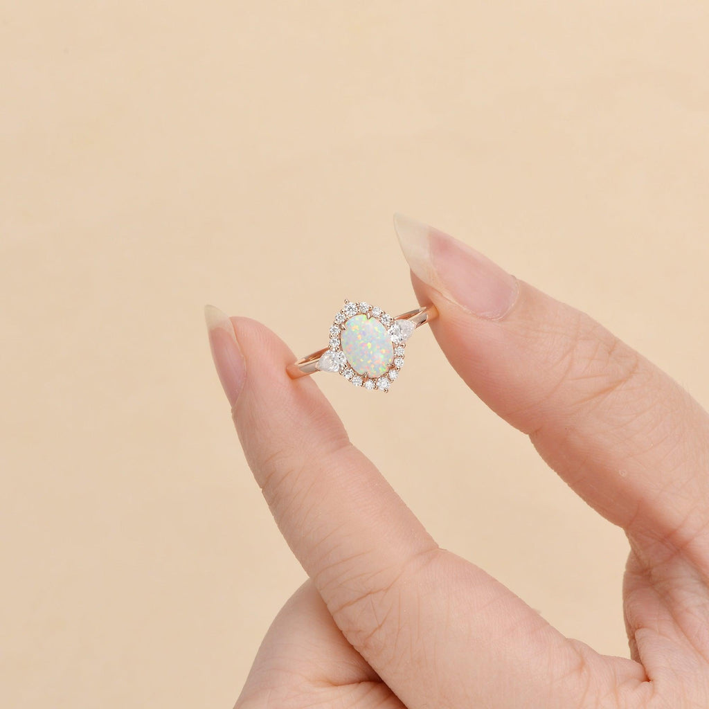 Lab Opal & Moissanite 14K Gold Ring - Felicegals 丨Wedding ring 丨Fashion ring 丨Diamond ring 丨Gemstone ring