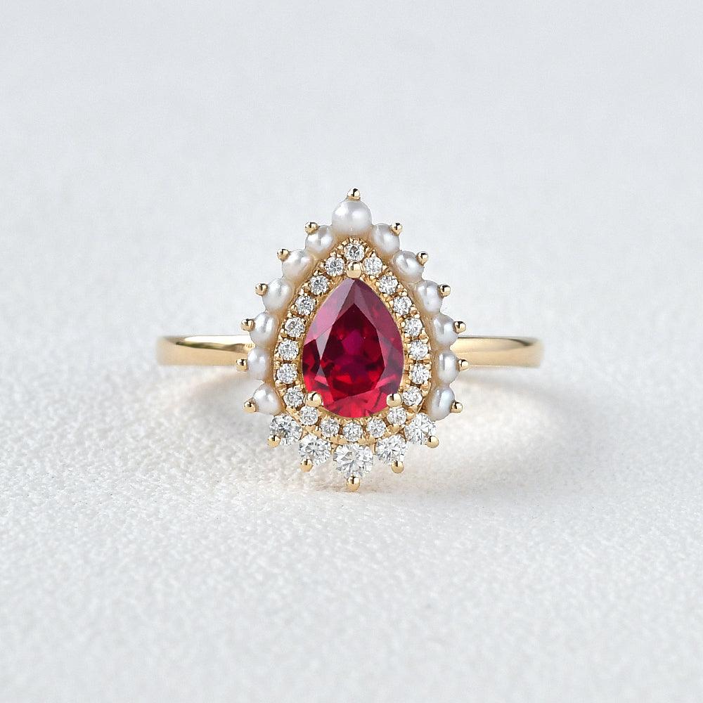 Lab Ruby & Pearls Vintage Inspired Halo Yellow Gold Ring - Felicegals 丨Wedding ring 丨Fashion ring 丨Diamond ring 丨Gemstone ring-Jewelry-Felicegals 丨Wedding ring 丨Fashion ring 丨Diamond ring 丨Gemstone ring