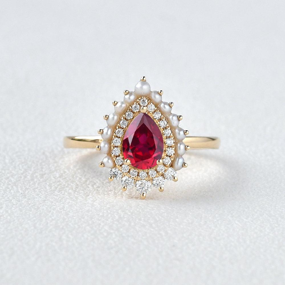 Lab Ruby & Pearls Vintage Inspired Halo Yellow Gold Ring – Felicegals