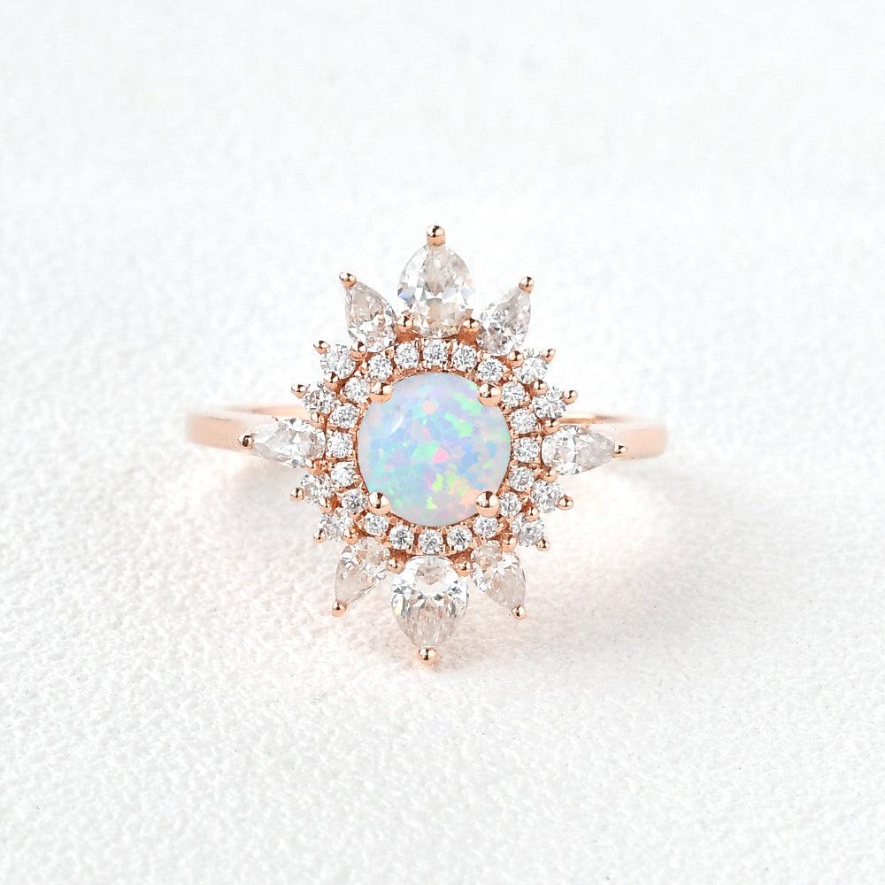 Lab Opal & Moissanite Halo Rose Gold Ring – Felicegals