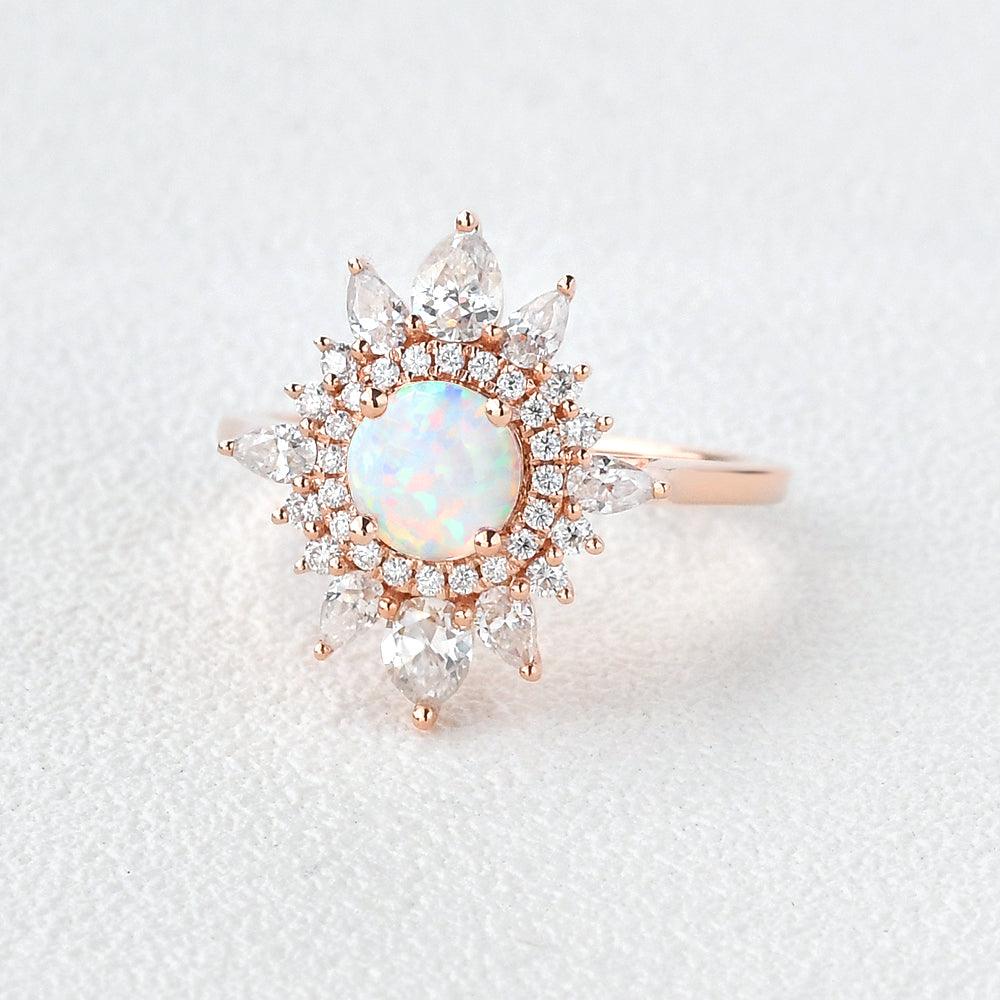 Lab Opal & Moissanite Halo Rose Gold Ring - Felicegals 丨Wedding ring 丨Fashion ring 丨Diamond ring 丨Gemstone ring-Jewelry-Felicegals 丨Wedding ring 丨Fashion ring 丨Diamond ring 丨Gemstone ring