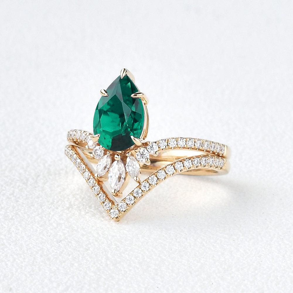 Pear Shaped Emerald Yellow Gold Ring Set 2pcs - Felicegals 丨Wedding ring 丨Fashion ring 丨Diamond ring 丨Gemstone ring--Felicegals
