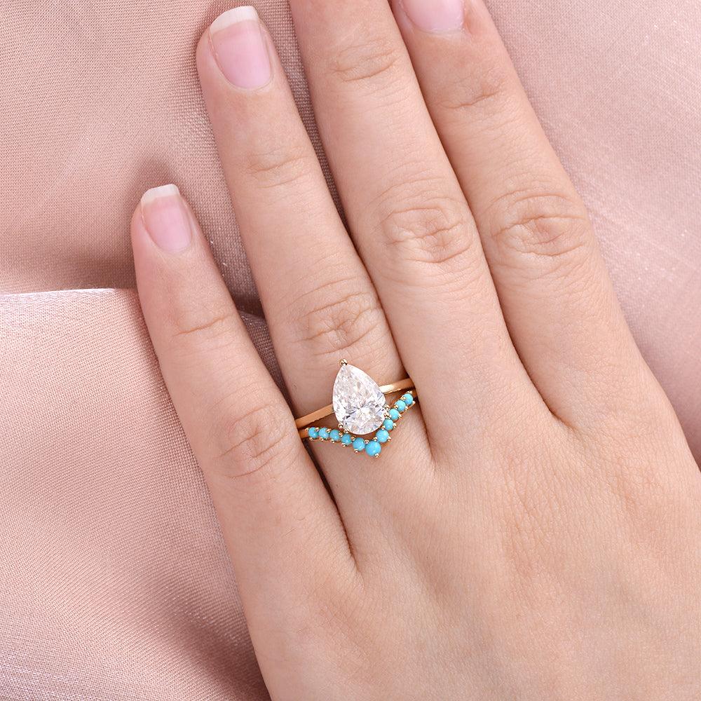 Art-Deco Pear Shaped Moissanite & Turquoise Ring Set 2pcs - Felicegals 丨Wedding ring 丨Fashion ring 丨Diamond ring 丨Gemstone ring--Felicegals