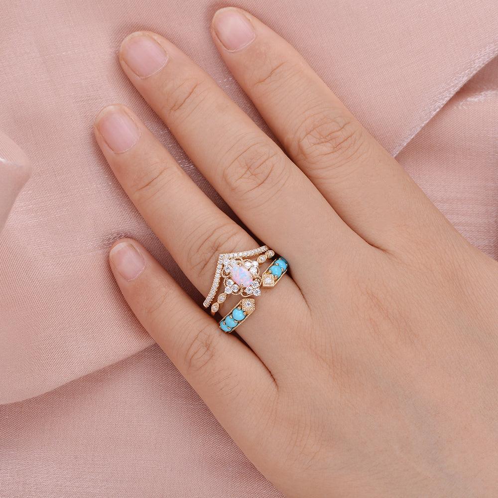 Felicegals Oval Opal & Turqiose Vintage Gold Ring Set 3pcs - Felicegals 丨Wedding ring 丨Fashion ring 丨Diamond ring 丨Gemstone ring-Jewelry-Felicegals 丨Wedding ring 丨Fashion ring 丨Diamond ring 丨Gemstone ring