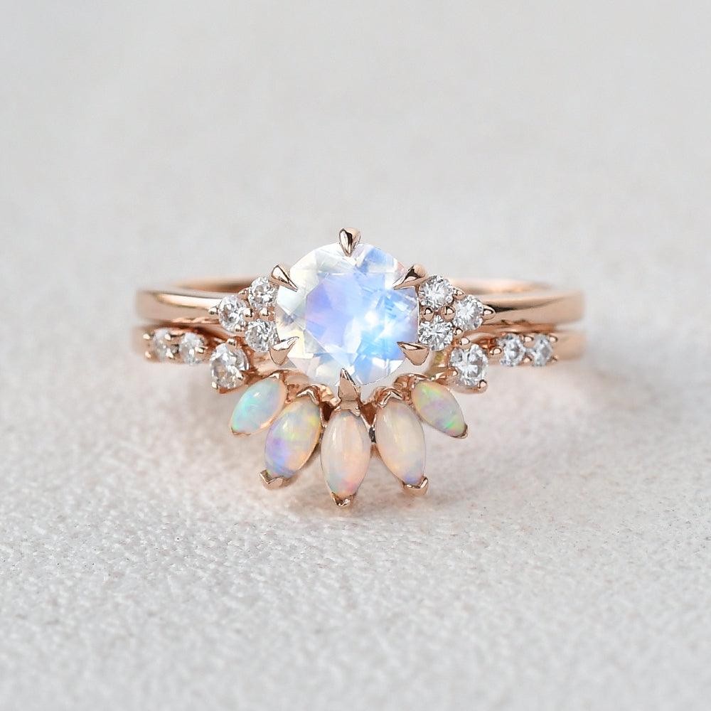 Blue Moonstone & Opal Vintage Ring Set 2pcs - Felicegals 丨Wedding ring 丨Fashion ring 丨Diamond ring 丨Gemstone ring-Jewelry-Felicegals