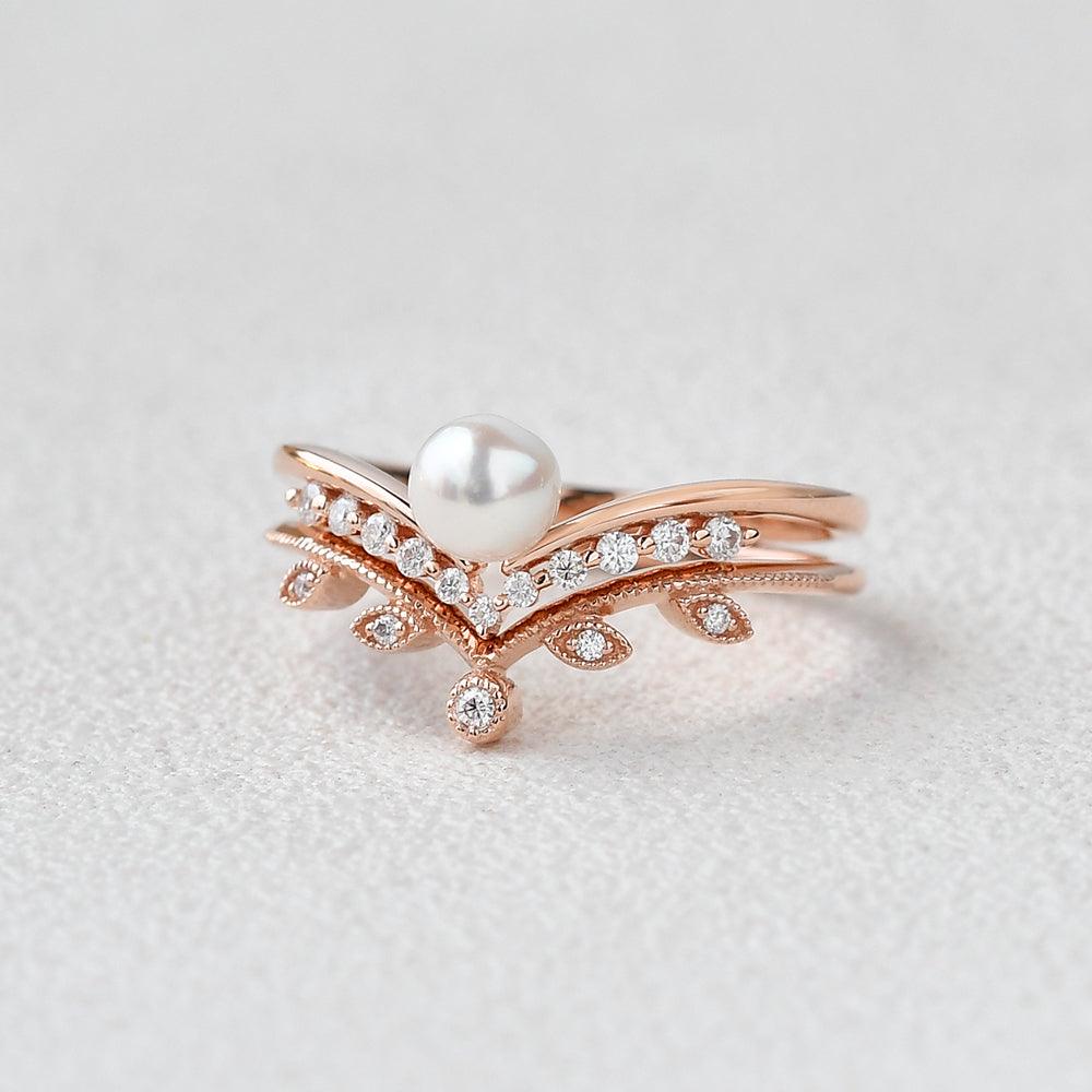 Pearl Bridal Set 2pcs Rose Gold Ring - Felicegals 丨Wedding ring 丨Fashion ring 丨Diamond ring 丨Gemstone ring--Felicegals