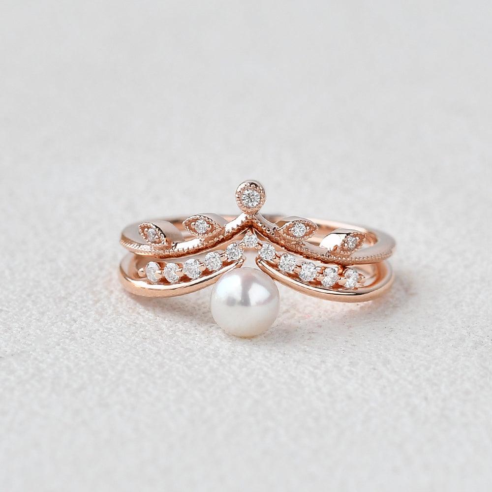 Pearl Bridal Set 2pcs Rose Gold Ring - Felicegals 丨Wedding ring 丨Fashion ring 丨Diamond ring 丨Gemstone ring--Felicegals