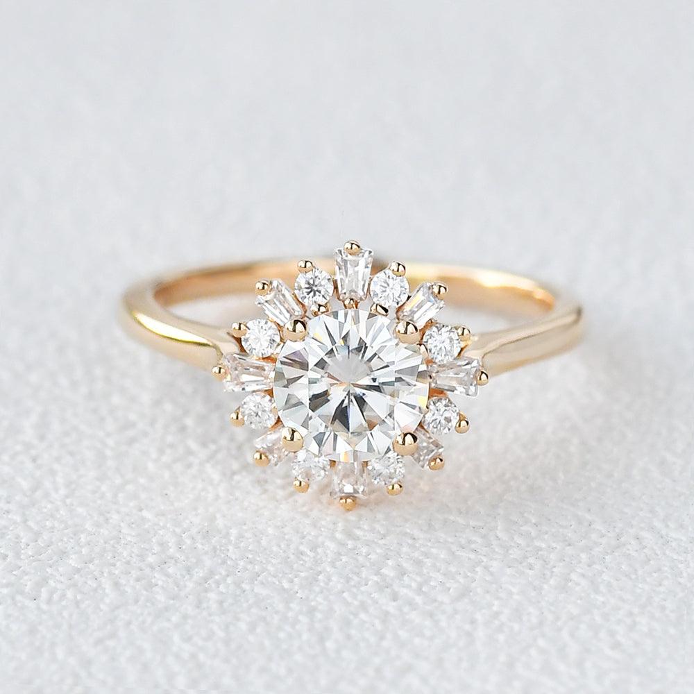 Moissanite Halo Yellow Gold Inspired Ring - Felicegals